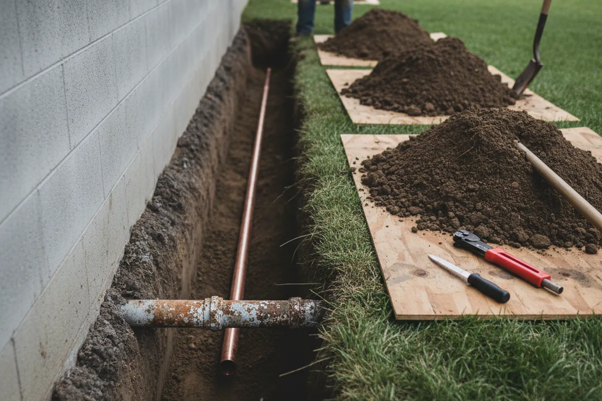 Excavated water line trench during Water Softener Installation in Kendallville